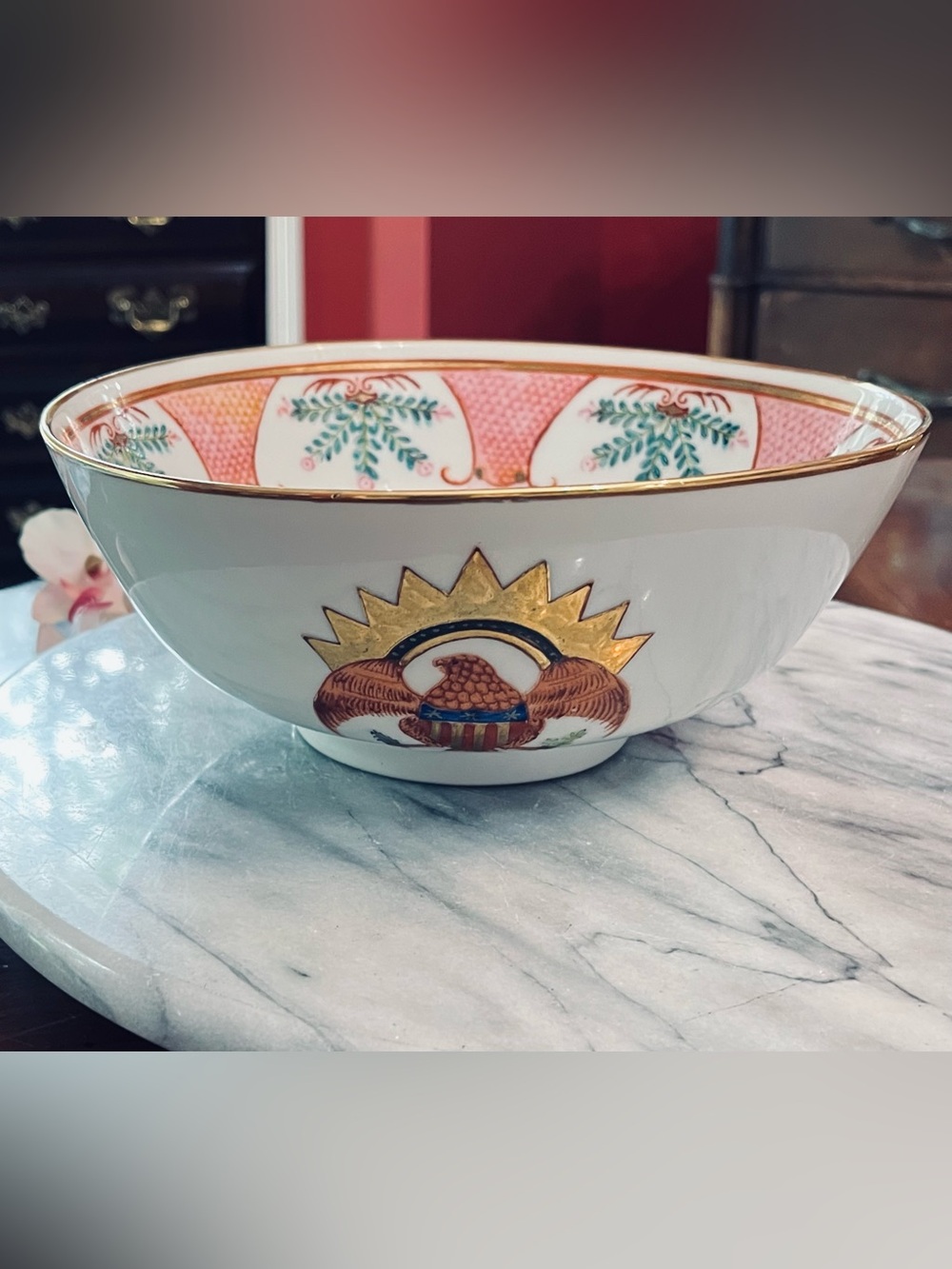 VTG Japan Porcelain 8” Bowl Hand Decorated HongKong Pink Scale & Federal Eagle